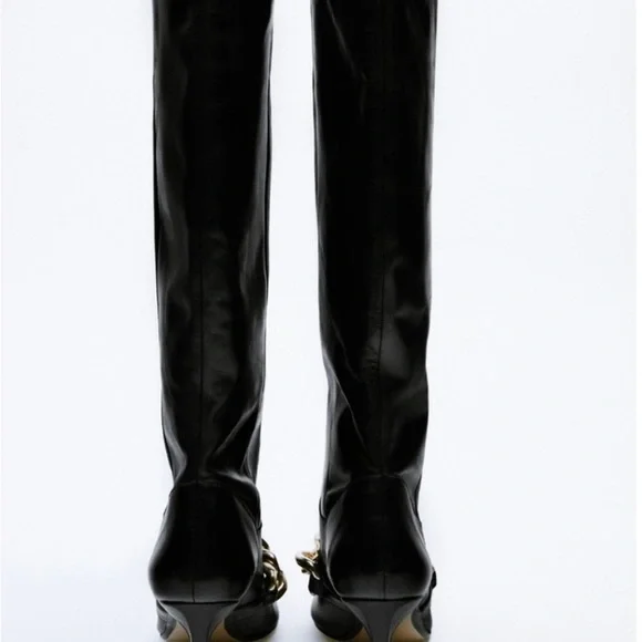 Zara Heeled Leather Knee High Boots With Chain Detail - Picture 6 of 16